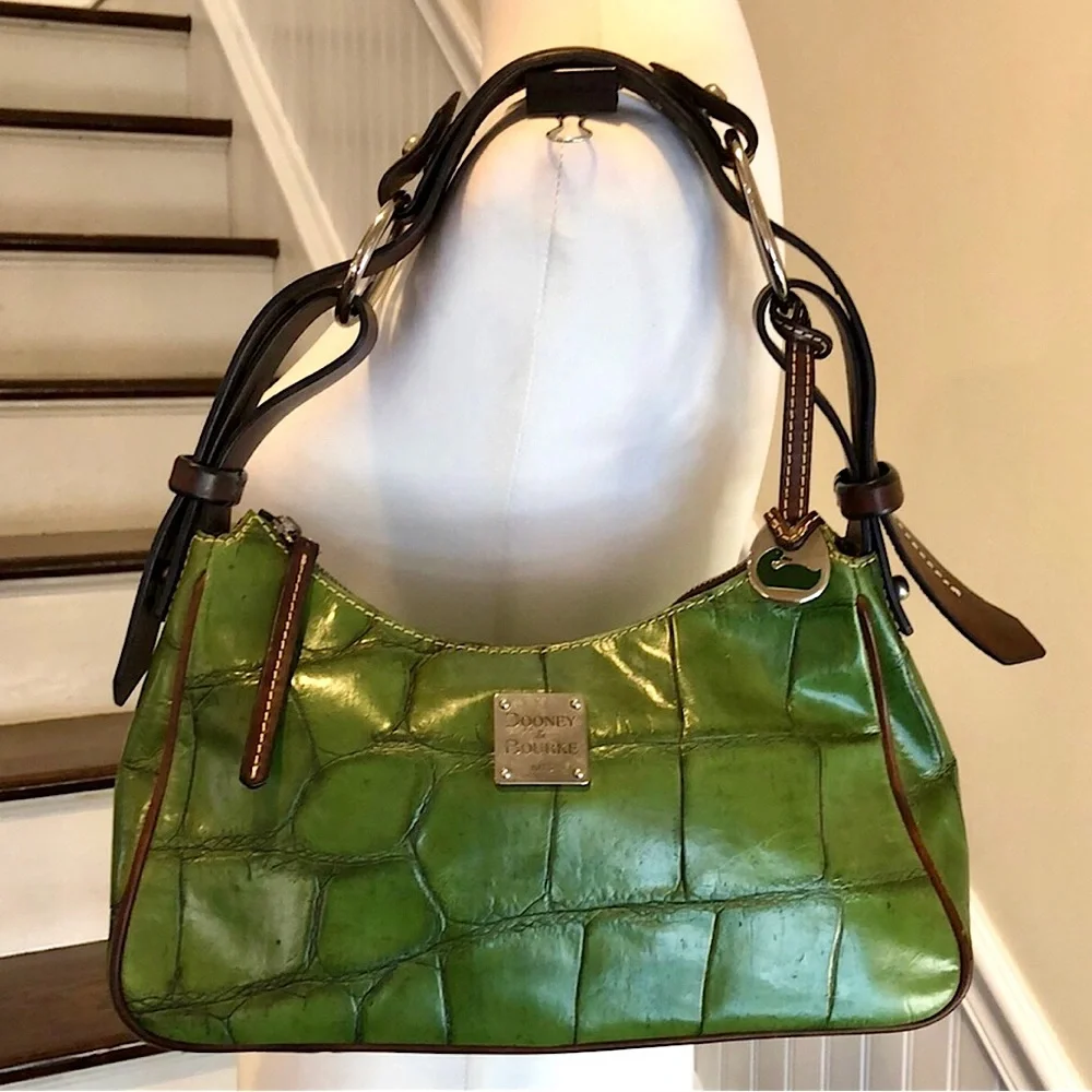 DOONEY BOURKE Green Croc Embossed Leather Hobo Shoulder Bag Top Zip Closure